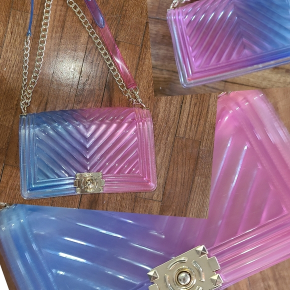 Jelly Purse Gradient‎ Pink and Blue Women's Bag Gold Chain Colorful Crossbody - Picture 16 of 16